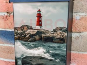 Beautiful Red And White Lighthouse On The Rocks Colonial Mailbox Cover