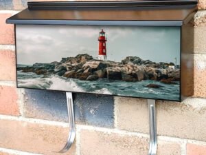 Beautiful Red And White Lighthouse On The Rocks Townhouse Mailbox Cover