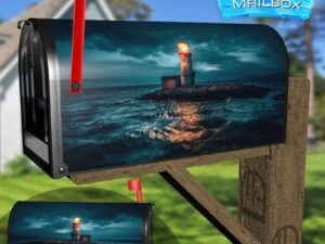 Lighthouse Beacon Illuminates Waves at Night Decorative Rural Farm Mailbox Cover