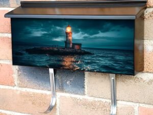 Lighthouse Beacon Illuminates Waves at Night Townhouse Mailbox Cover