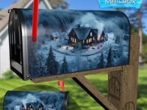 A Warm And Inviting Home Amidst A Snow Covered Forest at Night Decorative Rural Farm Mailbox Cover