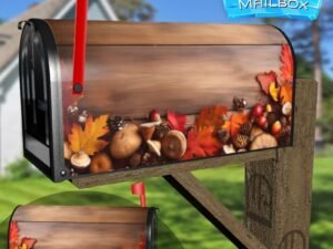 Colorful Autumn Leaves on Wooden Planks Decorative Rural Farm Mailbox Cover