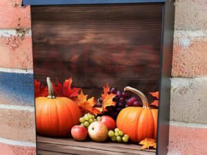 Autumn Pumpkin Arrangement on Wooden Table Colonial Mailbox Cover