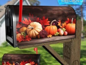 Autumn Pumpkin Arrangement on Wooden Table Decorative Rural Farm Mailbox Cover