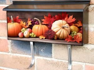 Autumn Pumpkin Arrangement on Wooden Table Townhouse Mailbox Cover