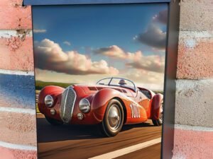 An Old Vintage Racing Car Rushes Along The Track Colonial Mailbox Cover