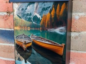 Romantic Couple of Boats on a Beautiful Lake with Snowy Hills Colonial Mailbox Cover