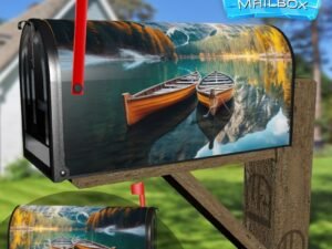 Romantic Couple of Boats on a Beautiful Lake with Snowy Hills Decorative Rural Farm Mailbox Cover