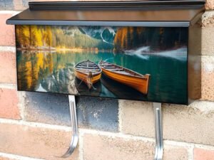 Romantic Couple of Boats on a Beautiful Lake with Snowy Hills Townhouse Mailbox Cover