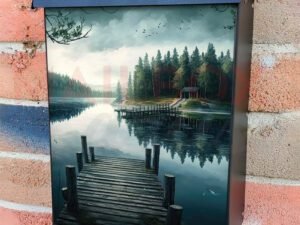 Serene Lake Surrounded By Towering Trees a House with Deck Colonial Mailbox Cover