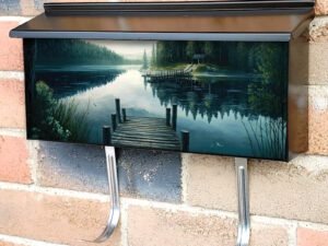 Serene Lake Surrounded By Towering Trees a House with Deck Townhouse Mailbox Cover