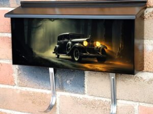 Vintage Retro Classic Car in a Foggy Forest Townhouse Mailbox Cover