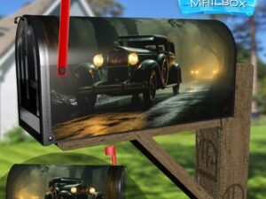 Vintage Retro Classic Car on a Foggy Road Decorative Rural Farm Mailbox Cover