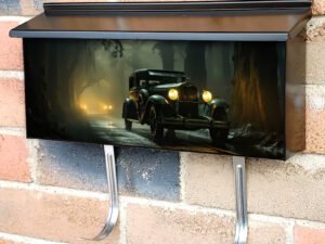 Vintage Retro Classic Car on a Foggy Road Townhouse Mailbox Cover