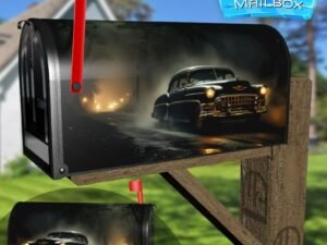Vintage Retro Classic Car on a foggy Rural Road Decorative Rural Farm Mailbox Cover