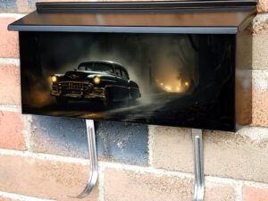 Vintage Retro Classic Car on a foggy Rural Road Townhouse Mailbox Cover