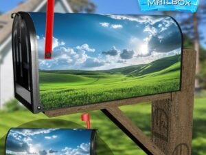 Beautiful Scene of Green Meadows and Blue Sky with Clouds Decorative Rural Farm Mailbox Cover
