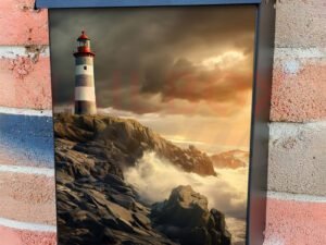 Beautiful Gray and White Striped Lighthouse On The Rocks at Sunset Colonial Mailbox Cover