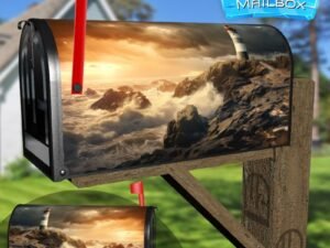 Beautiful Gray and White Striped Lighthouse On The Rocks at Sunset Decorative Rural Farm Mailbox Cover