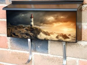 Beautiful Gray and White Striped Lighthouse On The Rocks at Sunset Townhouse Mailbox Cover
