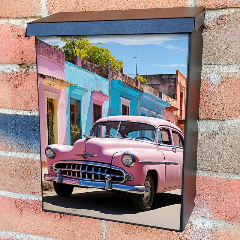 Classic Vintage Pink Retro Car on a Colorful Street Colonial Mailbox Cover
