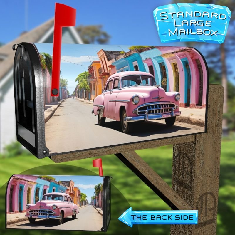 Classic Vintage Pink Retro Car on a Colorful Street Decorative Rural Farm Mailbox Cover