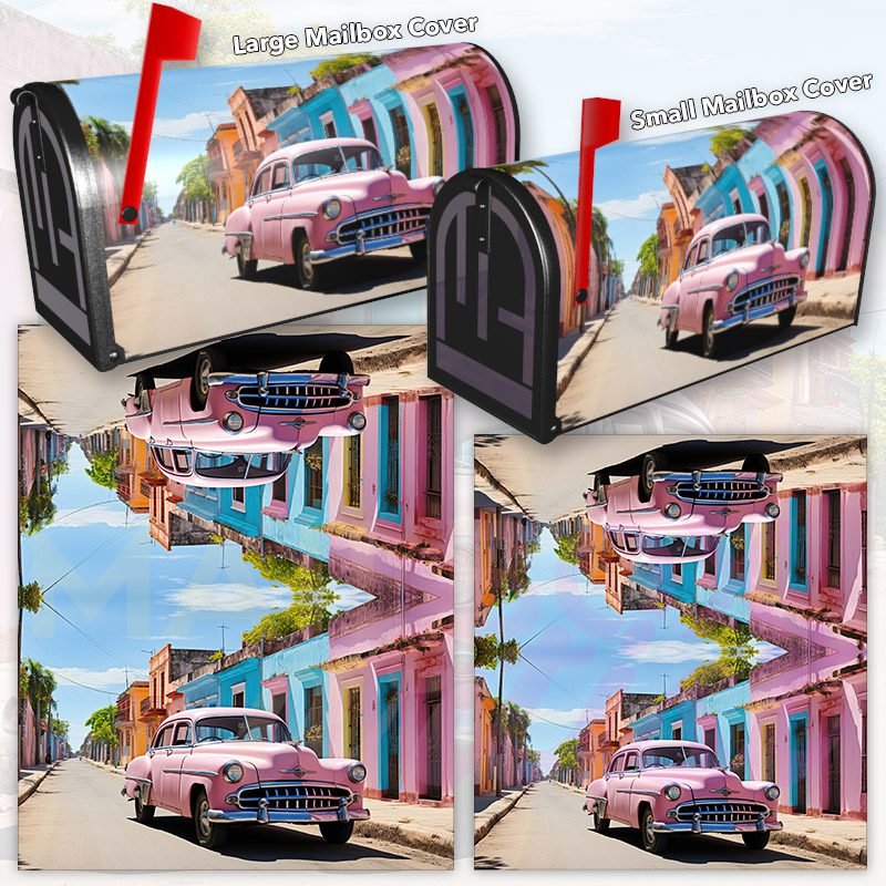 Classic Vintage Pink Retro Car on a Colorful Street Decorative Rural Farm Mailbox Cover - Image 3