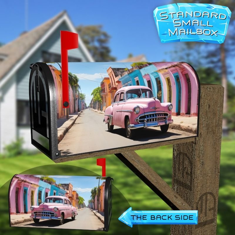 Classic Vintage Pink Retro Car on a Colorful Street Decorative Rural Farm Mailbox Cover - Image 2