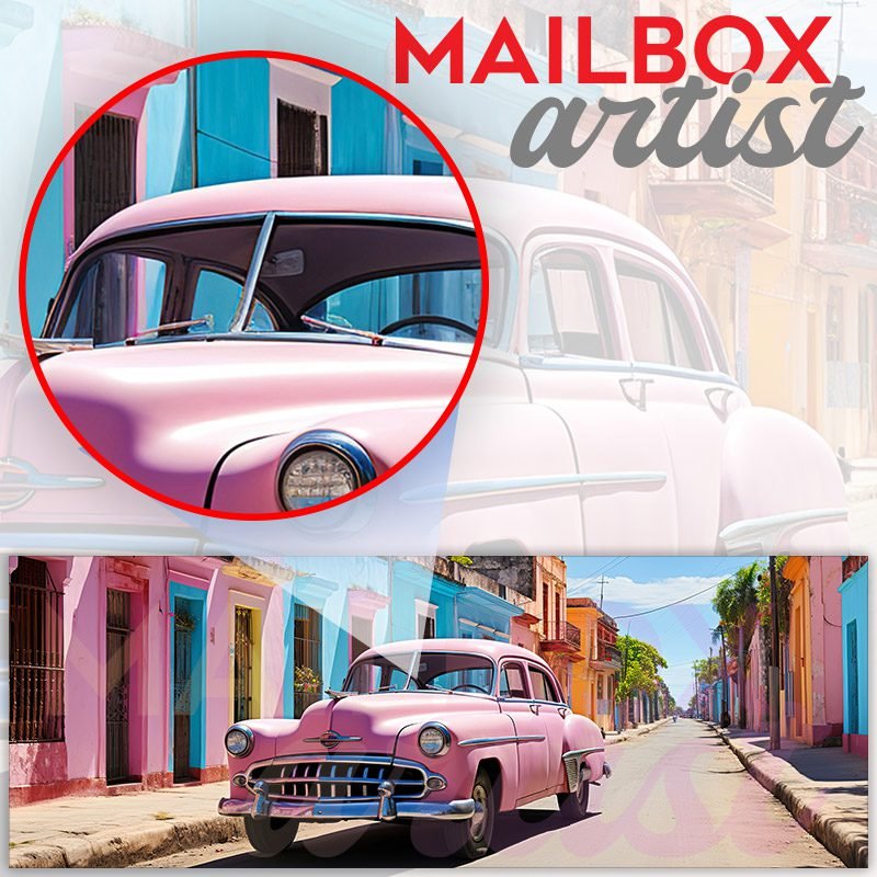 Classic Vintage Pink Retro Car on a Colorful Street Townhouse Mailbox Cover - Image 2