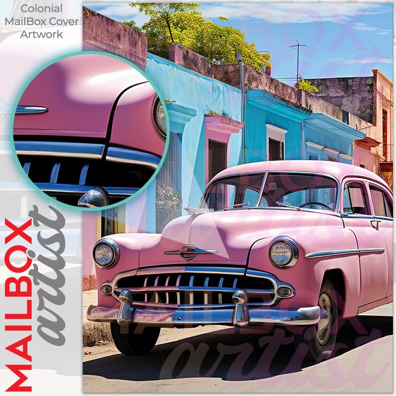 Classic Vintage Pink Retro Car on a Colorful Street Colonial Mailbox Cover - Image 2