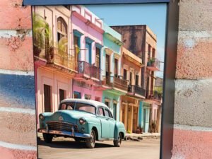 Classic Vintage Blue Retro Car on a Colorful Street Colonial Mailbox Cover