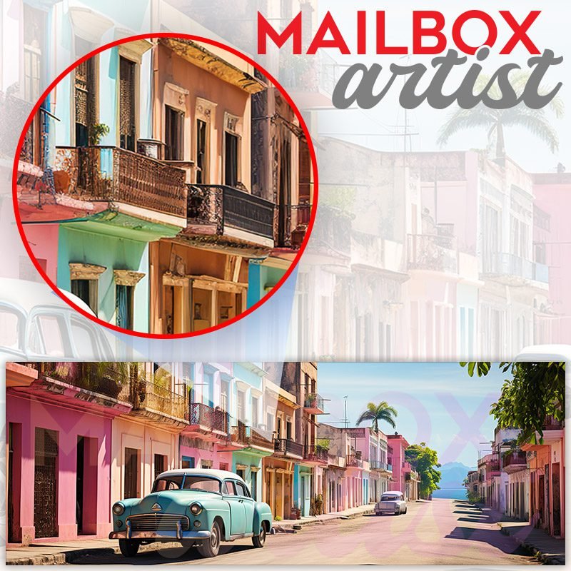 Classic Vintage Blue Retro Car on a Colorful Street Townhouse Mailbox Cover - Image 2