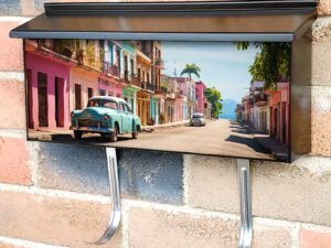 Classic Vintage Blue Retro Car on a Colorful Street Townhouse Mailbox Cover