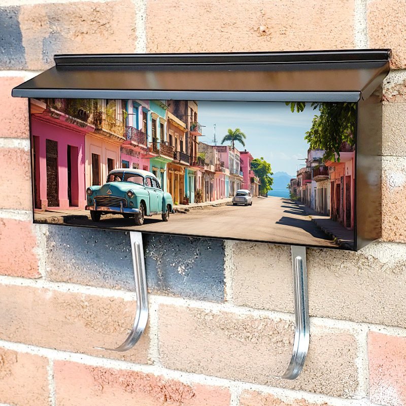 Classic Vintage Blue Retro Car on a Colorful Street Townhouse Mailbox Cover
