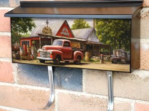 American Old Red Vintage Retro Truck on the Street Townhouse Mailbox Cover