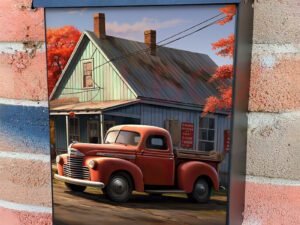 American Old Red Vintage Retro Truck on the Street in the Fall Colonial Mailbox Cover