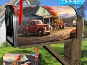 American Old Red Vintage Retro Truck on the Street in the Fall Decorative Rural Farm Mailbox Cover