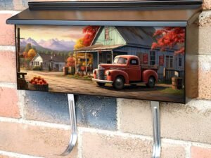 American Old Red Vintage Retro Truck on the Street in the Fall Townhouse Mailbox Cover