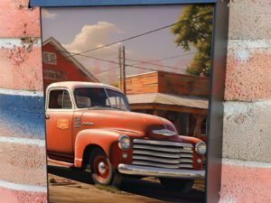 American Old Red White Vintage Retro Truck on the Street Colonial Mailbox Cover