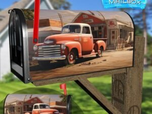 American Old Red White Vintage Retro Truck on the Street Decorative Rural Farm Mailbox Cover