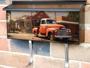 American Old Red White Vintage Retro Truck on the Street Townhouse Mailbox Cover