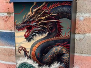 A Highly Detailed Image Of Colorful and Powerful Dragon Colonial Mailbox Cover