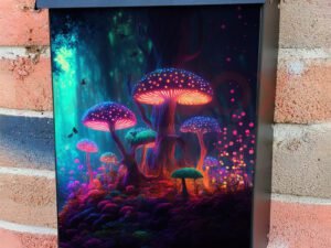 A Fairytale Forest A Surreal Mystical Landscape with Neon Mushrooms Colonial Mailbox Cover