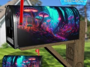 A Fairytale Forest A Surreal Mystical Landscape with Neon Mushrooms Decorative Rural Farm Mailbox Cover