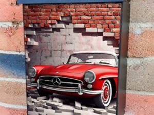 Broken Wall Bricks And A Classic Red Car Colonial Mailbox Cover