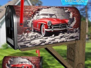 Broken Wall Bricks And A Classic Red Car Decorative Rural Farm Mailbox Cover