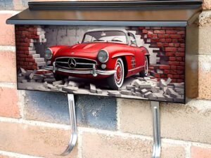 Broken Wall Bricks And A Classic Red Car Townhouse Mailbox Cover