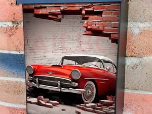 Broken Wall Bricks And A Classic Red Car 2 Colonial Mailbox Cover