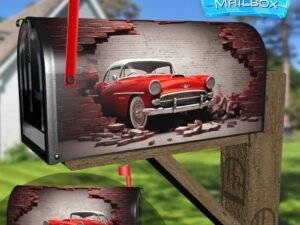 Broken Wall Bricks And A Classic Red Car 2 Decorative Rural Farm Mailbox Cover