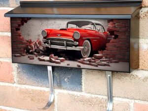 Broken Wall Bricks And A Classic Red Car 2 Townhouse Mailbox Cover